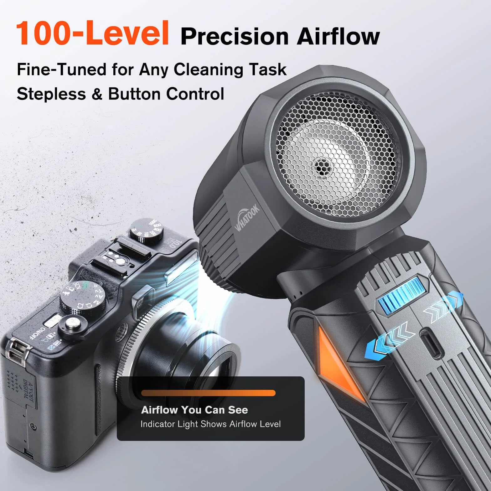 WHATOOK W02 Pro Soplador de Aire Eléctrico con 400.000 RPM, 100 Velocidades Ajustables, Bateria 12000mAh, Aire Comprimido Limpieza PC, Potencia para Limpieza de Auto,Electrónica y Outdoor