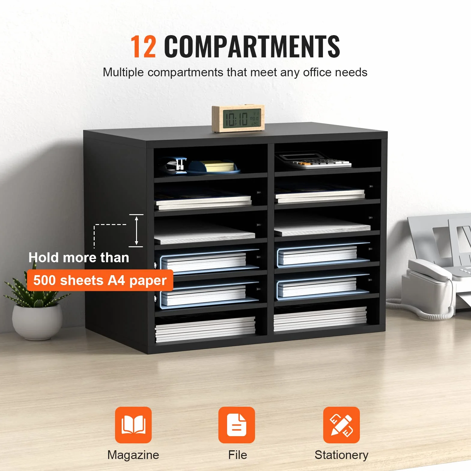 VEVOR Organizador de Literatura de madera Aglomerado Estante de Almacenamiento de Documentos de 12 Compartimentos 52x30,5x41 cm Clasificador de Literatura con Estantes Ajustables para Oficina, Negro