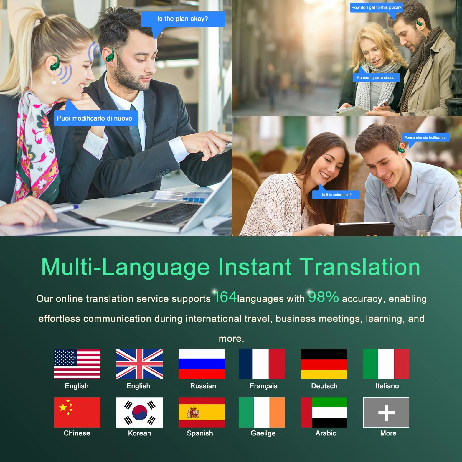 AI Auriculares Traductor en Tiempo Real(2026), 164 Idiomas y 6 Modos de Traducción, 3 in 1 AI Auriculares Traductor, Bluetooth 5.4 con ENC y App con para Viajes/Negocios/Aprendizaje/Reunirse Verde