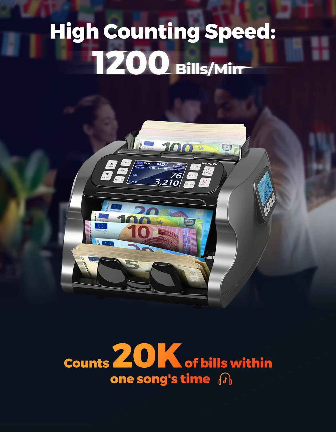 MUNBYN IMC22 Contadora de Billetes Mixto, Máquina Contar Billetes con Detector Falsos CIS/UV/IR/MG/MT, EUR USD CAD, 120 Divisas, Doble Pantalla