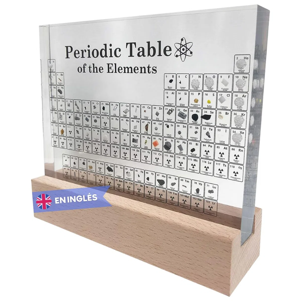 Tabla Periódica con Elementos Reales y Base de Madera con Luz Led Cálida - Póster Tabla de los Elementos Resina Transparente y Soporte - Regalo Química