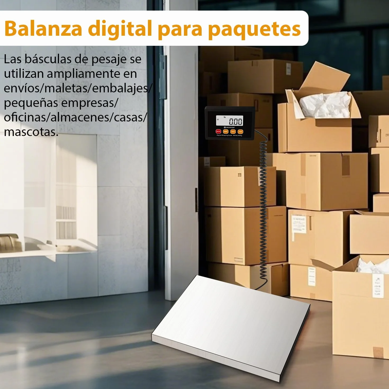 UNIWEIGH Bascula Postal Digital 440lb x 10g Plataformas de Acero Inoxidable Balanza Pesada con Retención Tara Pantalla LCD
