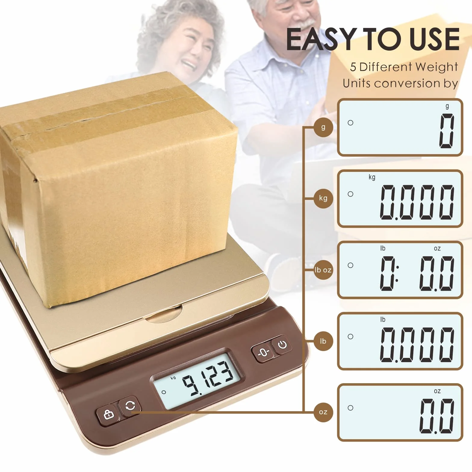 UNIWEIGH Balanza Postal Digital 39kg/86lb, Báscula de Precisión para Paquetes, Oficina, Almacén, Incluye Cable USB, Cinta Métrica, Dorado
