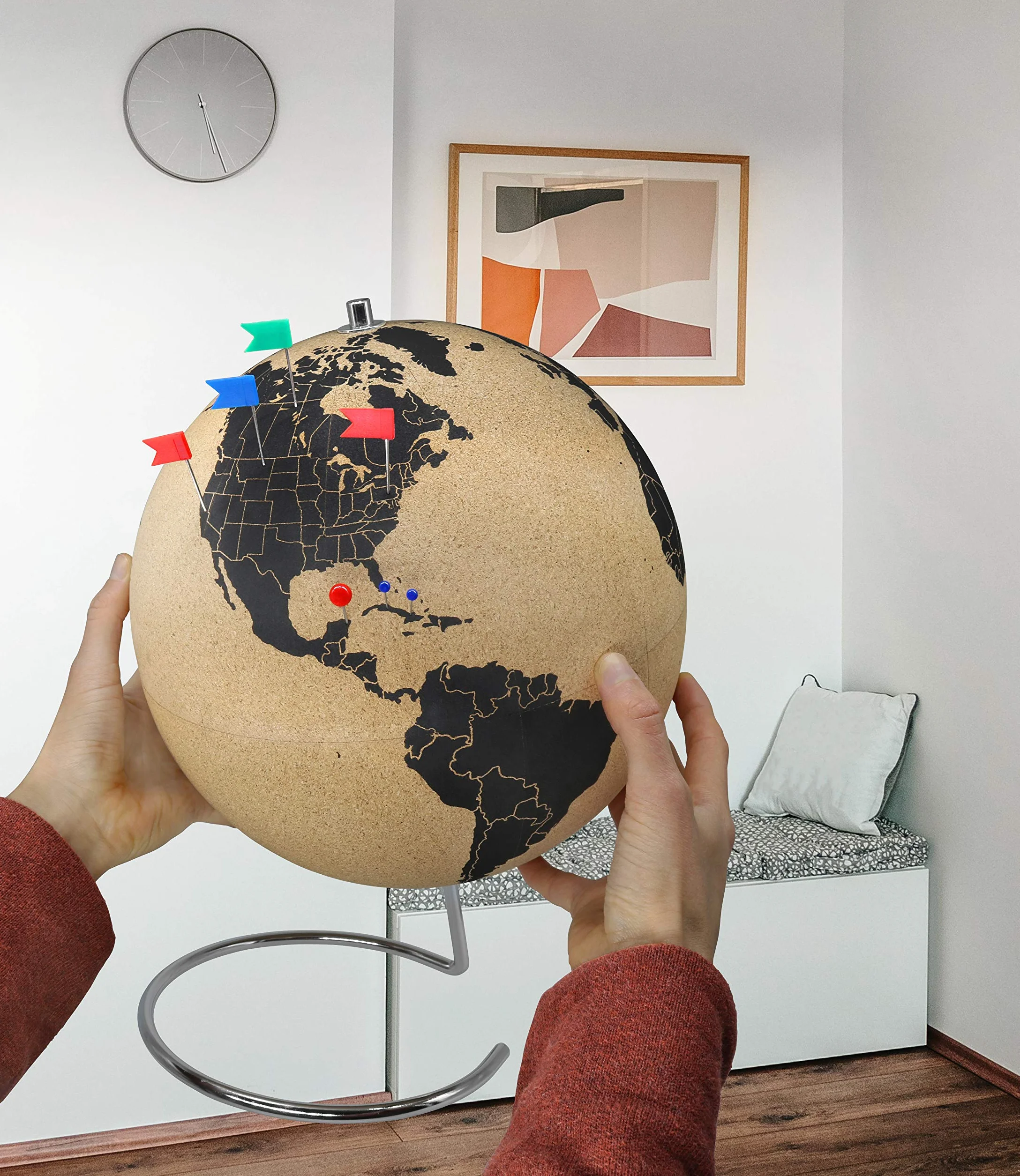 Gran globo terráqueo de corcho de 33 cm de alto con 54 chinchetas diferentes - Globo terráqueo giratorio hecho de corcho - Globo terráqueo como idea de regalo para los amantes de los viajes