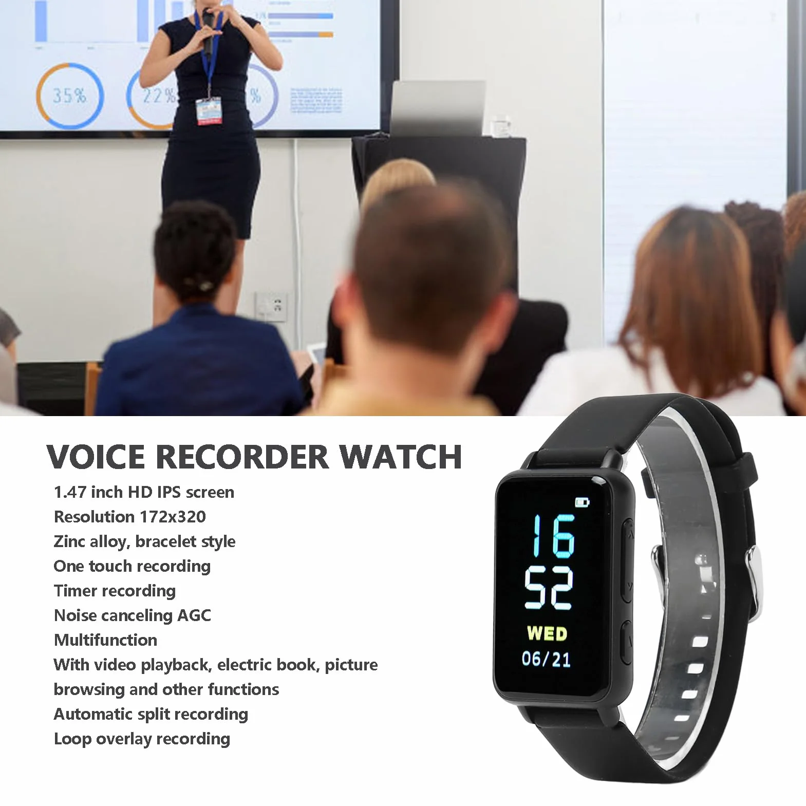 Reloj con Grabadora de Voz, 50 Horas de Grabación Continua, Dispositivo de Audio MP3 (4g)