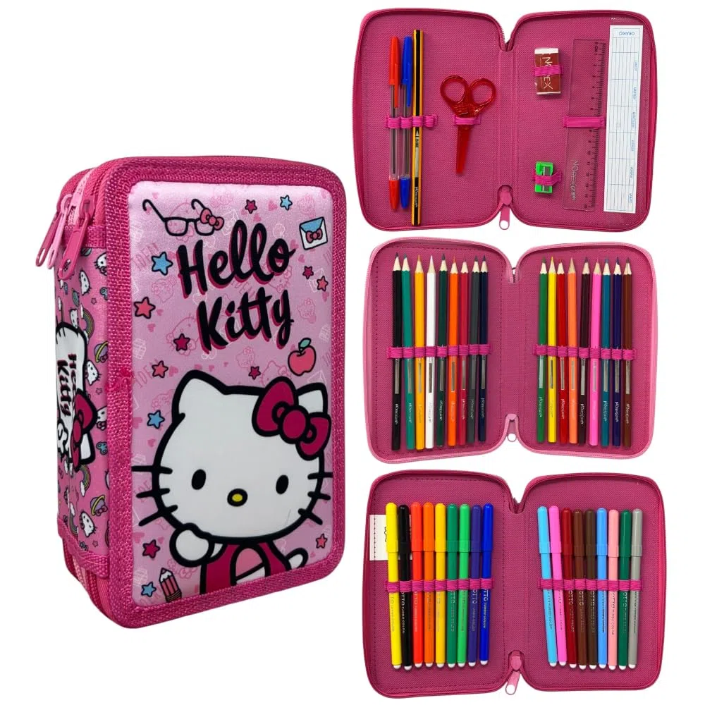 CARTOON Estuche de 3 cremalleras completo de 44 piezas para la escuela, multicompartimento, bolígrafos, lápices, colores, rotuladores Giotto, Hello Kitty, 20 x 13 x 6 cm, Moderno