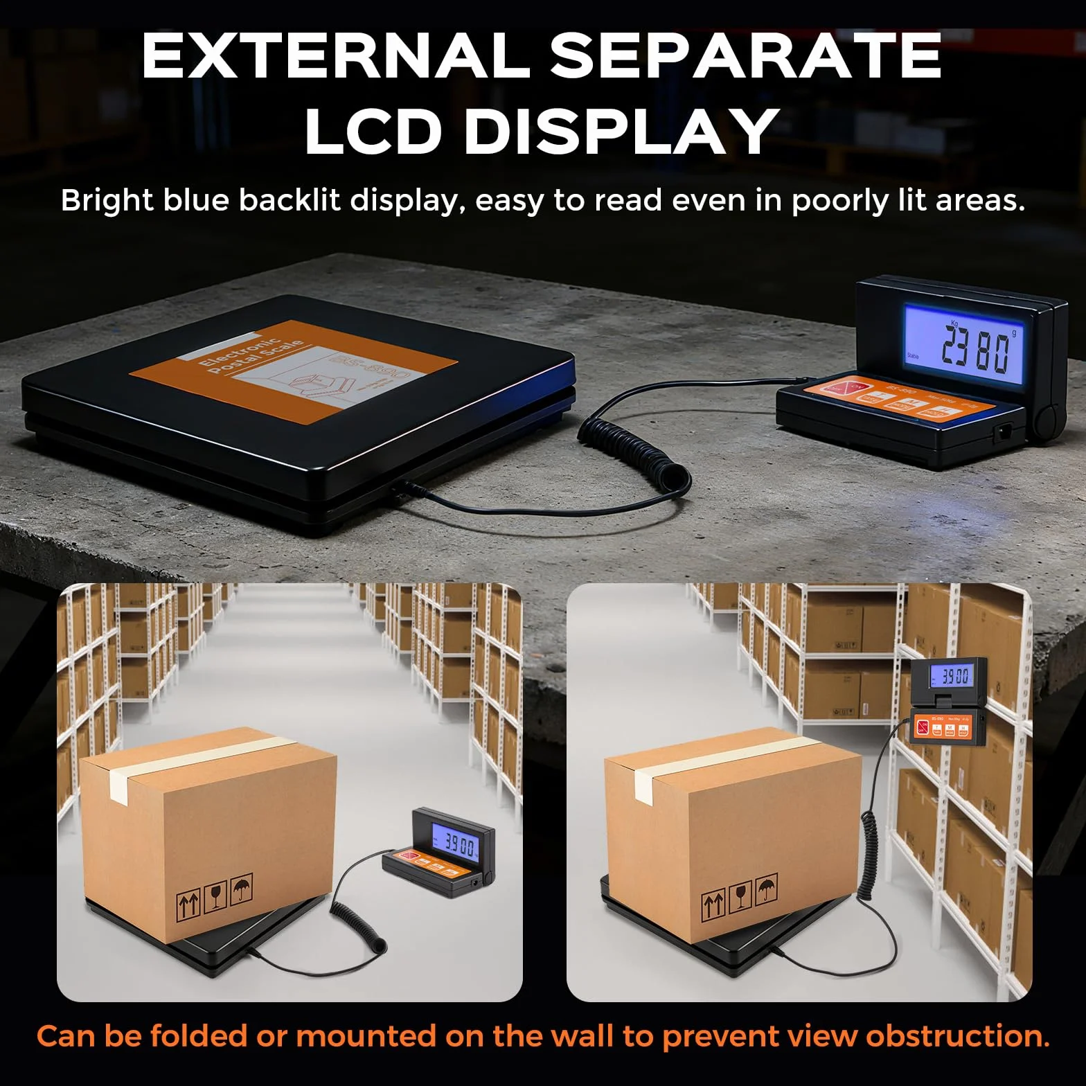 Bonvoisin Báscula para Paquetería Digital 50kg/110lb Balanza para Envíos de Paquetes con Pantalla LCD Grande Separada, 2 pilas AAA y Adaptador de Corriente UE Incluidos, g/kg/oz/lb Conmutable