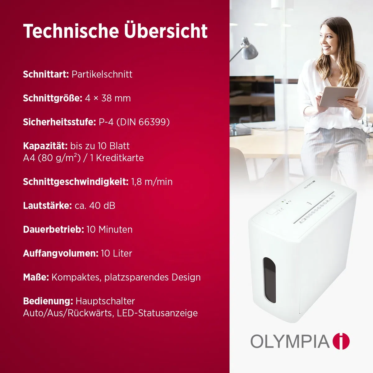 Olympia Trituradora de papel CC 1010 S, trituradora de papel para documentos y tarjetas de crédito, trituradora de documentos, 10 hojas y 10 litros de capacidad de recogida, trituradora de papel P4