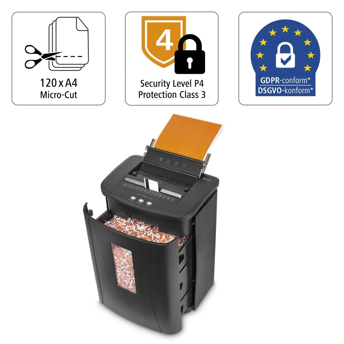 Hama |Trituradora de Papel con Nivel Seguridad E-3, P-4, T-4, 25L, Negro | Destructora papel, Dimensiones 37x 26x 52,3 cm, Max. Nivel ruido: 60 db, Max. Velocidad de corte: 2,2 m/min, PREMIUM AutoM120