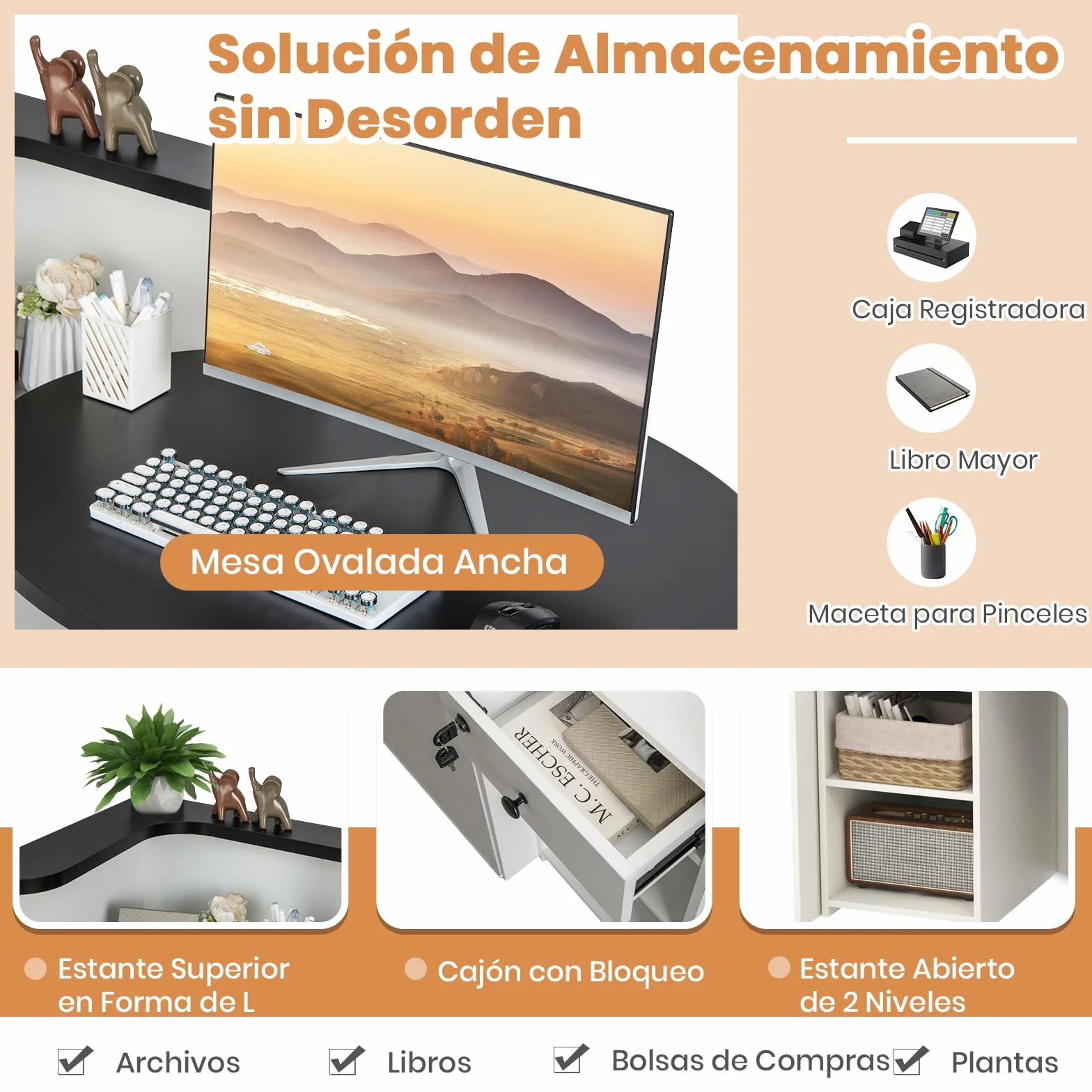 COSTWAY Escritorio de Recepción Ovalado con Cajón con Cerradura, Estante Ajustable, 120 x 70 x 100 cm, Negro