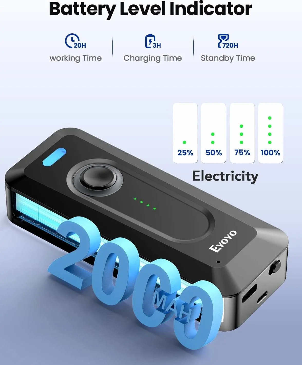 Eyoyo 2D QR Bluetooth Escáner de Código de Barras Inalámbrico con Clip, 2000mAh