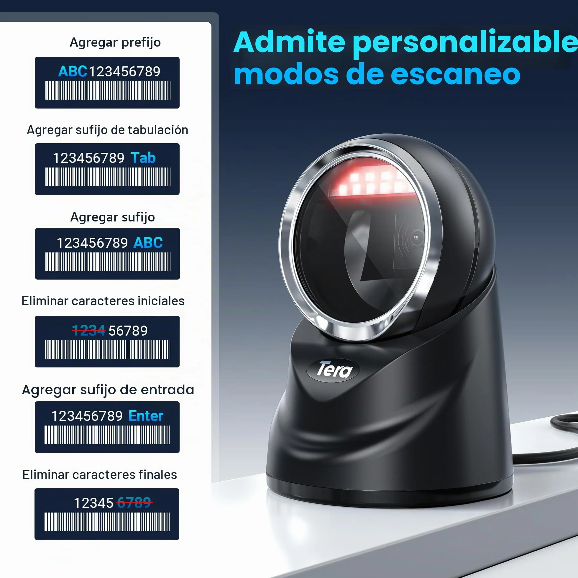 Tera 1D 2D QR Lector de Código de Barras Omnidireccional Escáner de Código de Barras con Cable USB Manos Libres Escaneo Automático de Detección de Imagen para Tienda de Supermercado Modelo 9100
