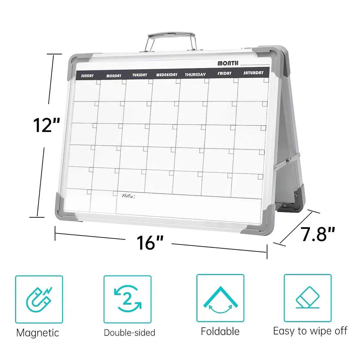 Pizarra magnética de borrado en seco con calendario, pequeña pizarra blanca de doble cara en el escritorio con planificador de horarios mensuales, pizarra blanca plegable portátil en la mesa para