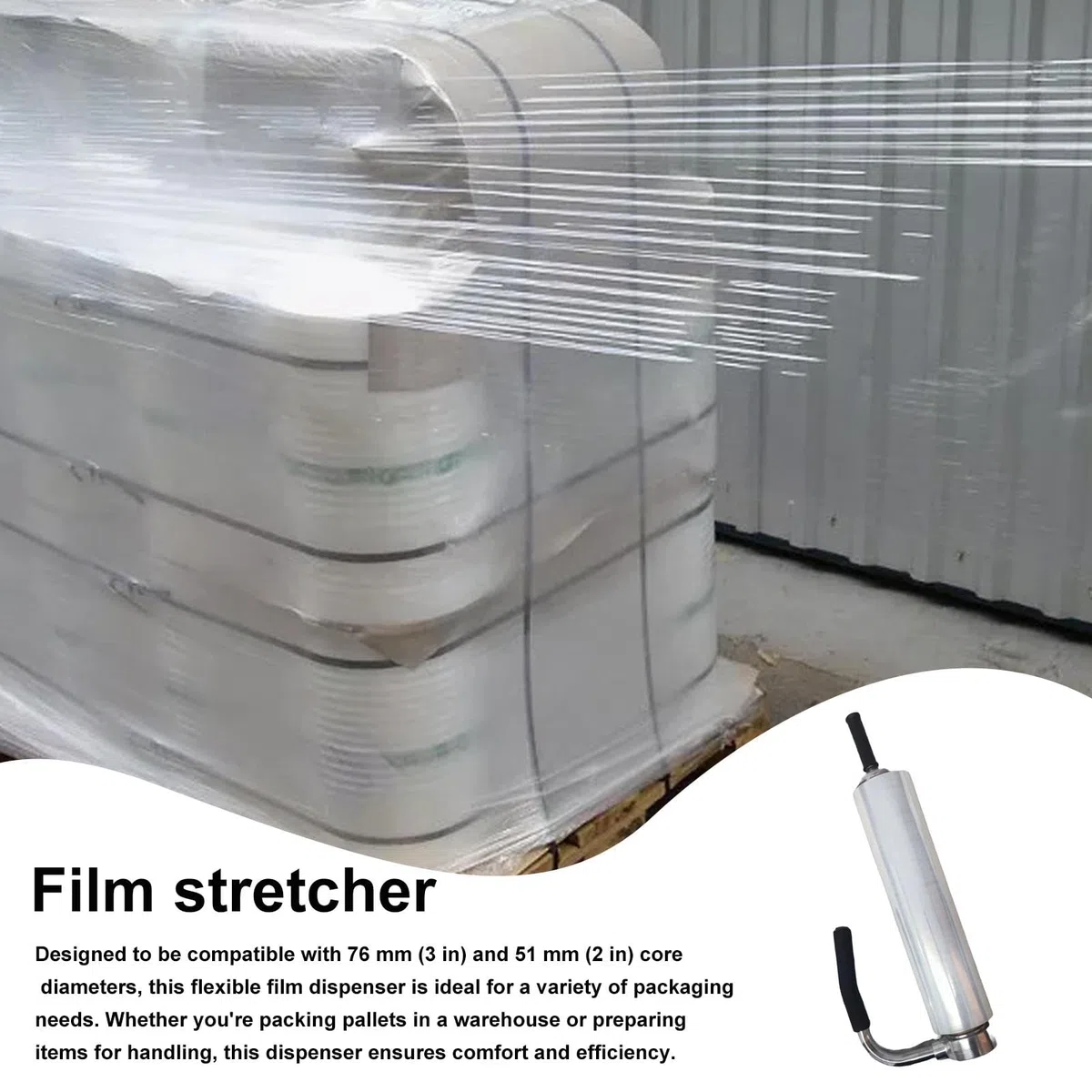 Máquina de embalaje de película elástica para palés, envoltura retráctil de resistencia industrial y dispensador | Dispensador de película retráctil de tensión ajustable resistente con mango extendido