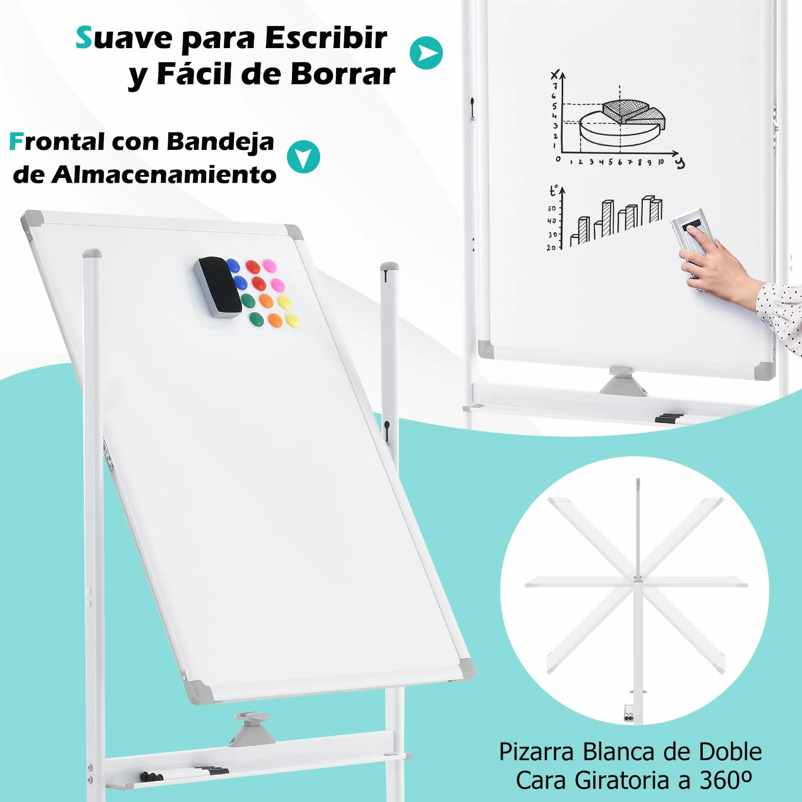 GOPLUS Pizarra Blanca Rodante Magnética 60x90cm Altura Ajustable 151-178cm Giratoria 360° Doble Cara