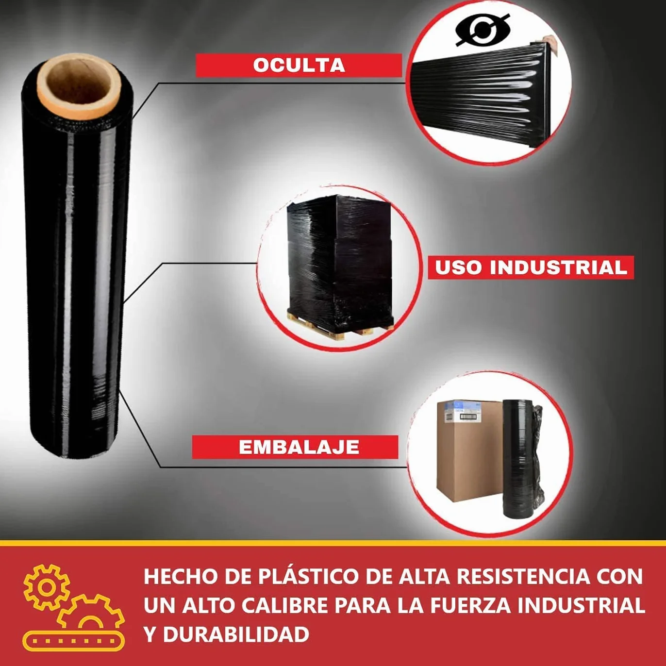 Film Elástico Manual Negro 50 cm x 200 m para Embalaje Industrial – 6 Rollos