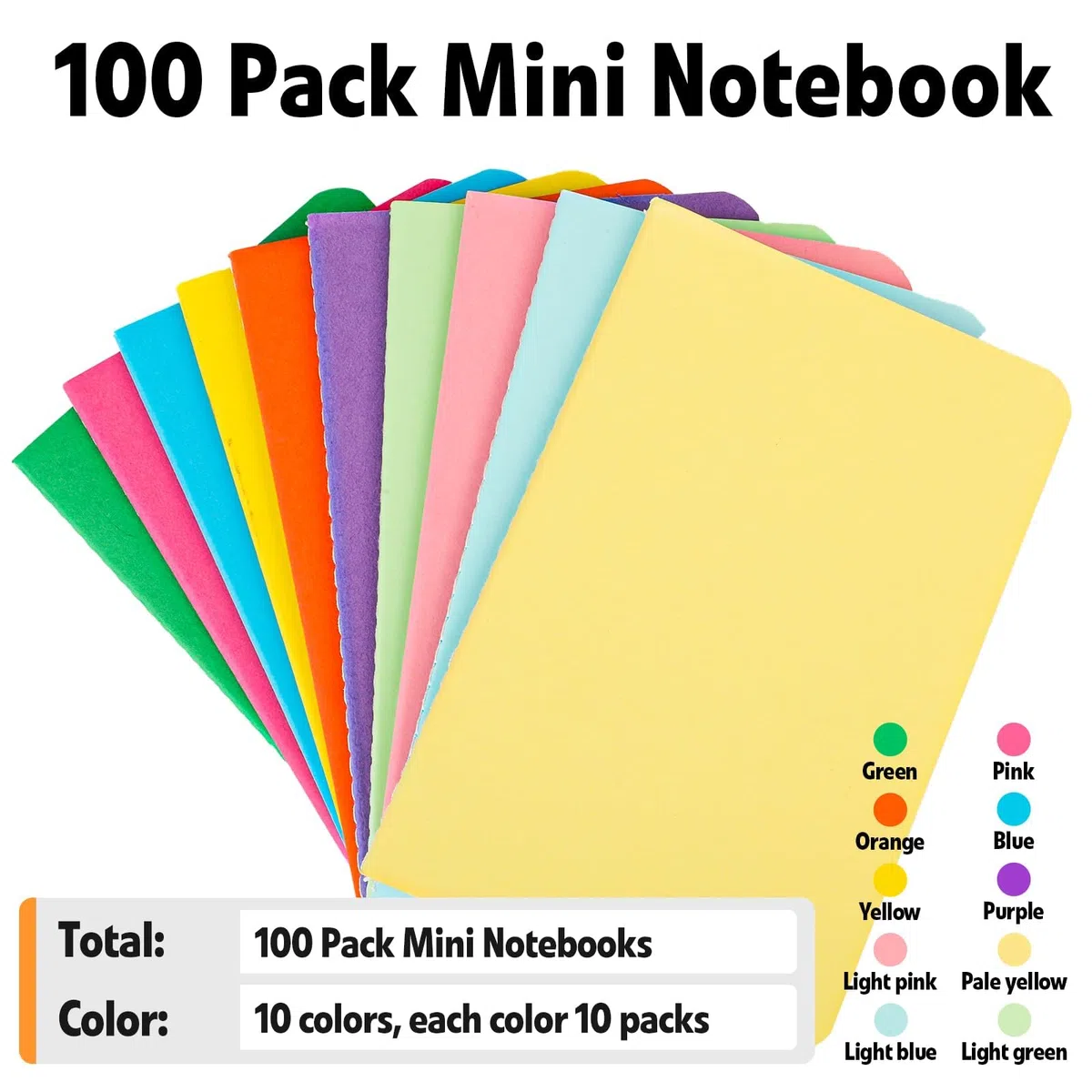 YesBes Paquete de 100 mini cuadernos de composición a granel, cuaderno de bolsillo pequeño de 3.5 x 5.5 pulgadas, cuaderno de colores de rayas anchas, 10 colores, 24 hojas (48 páginas) para viajeros
