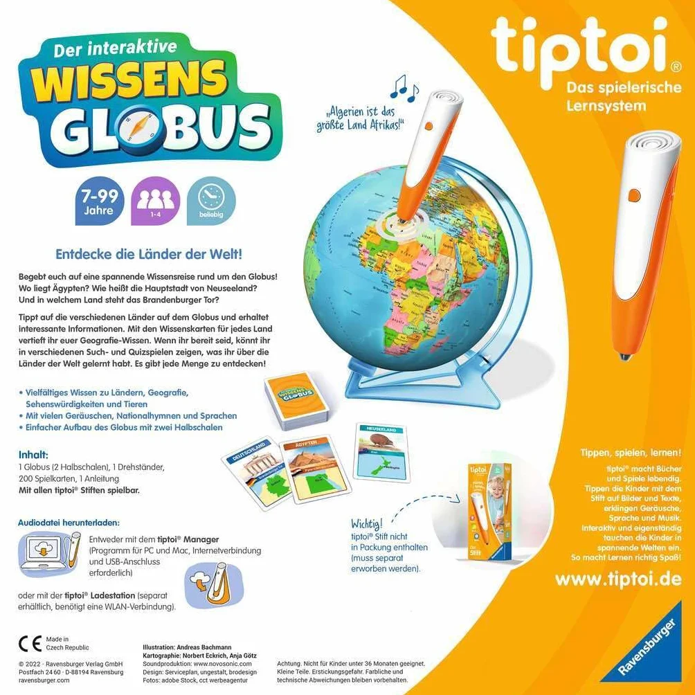 Ravensburger tiptoi Game 00107 - El Globo del Conocimiento Interactivo: Globo de Aprendizaje para niños de 7 años o más, Juguetes para niños y niñas, para 1 a 4 Jugadores