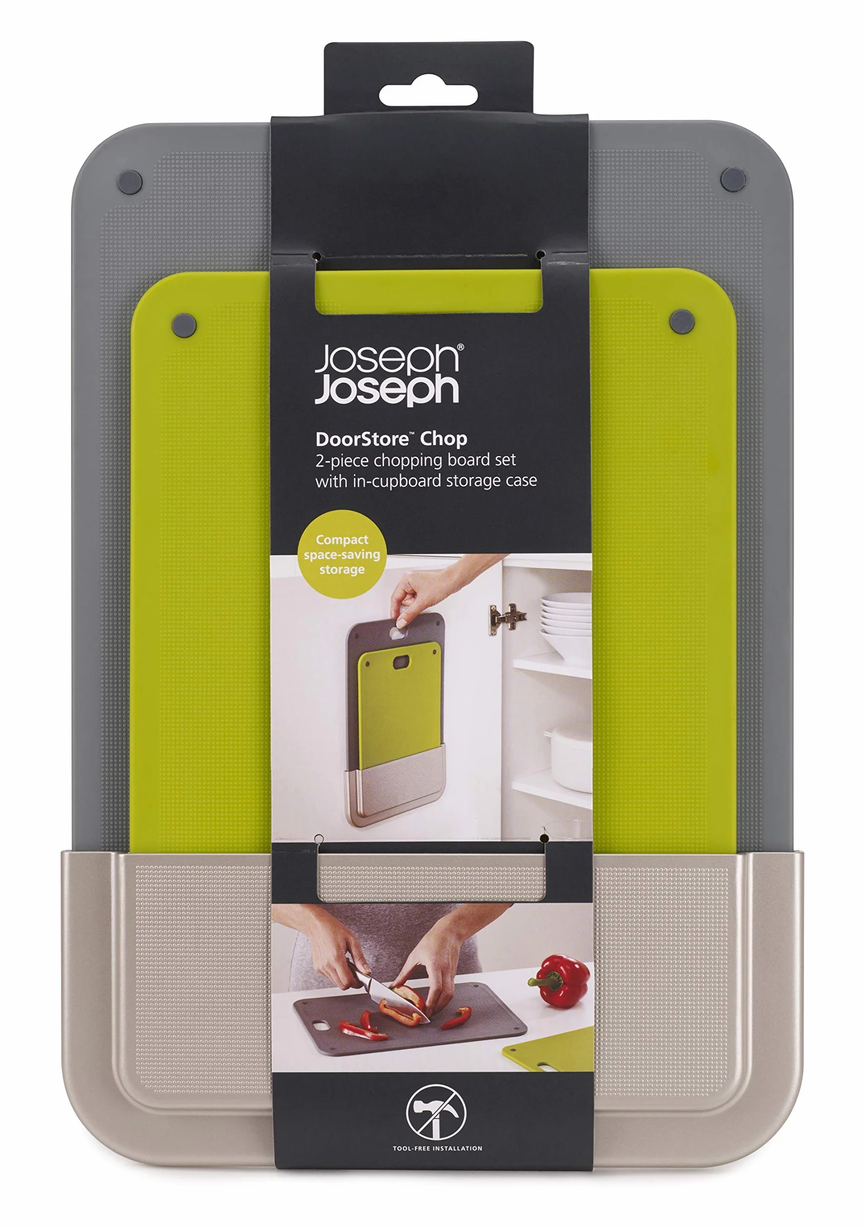 Joseph Joseph DoorStore, Juego de 2 Tablas de Cortar con Funda Soporte Adhesiva para Armarios y Puertas