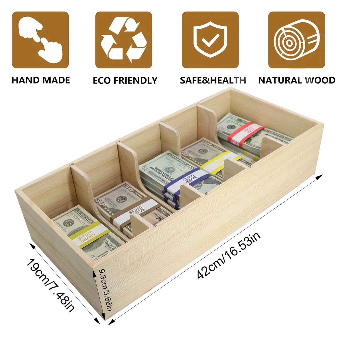 Bandeja de madera para dinero en efectivo con 300 envoltorios de monedas, 5 compartimentos de madera para dinero en efectivo, caja de cambio para dinero en efectivo, cajas de dinero en efectivo