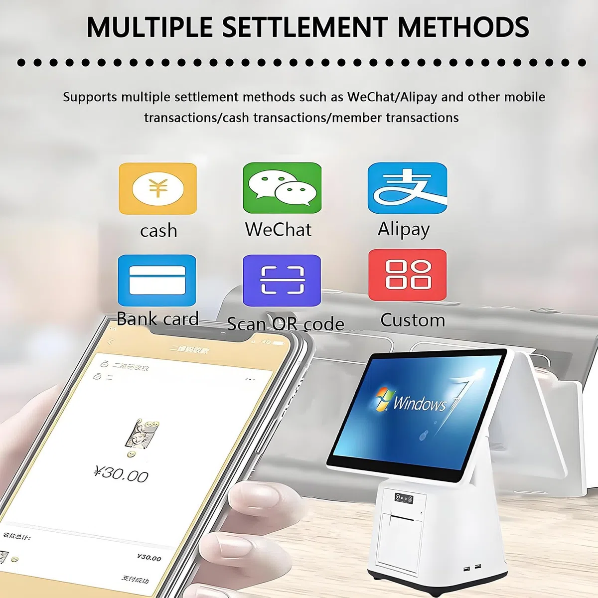 Caja registradora para pequeños Negocios con Impresora y WiFi, Caja registradora Todo en uno, Pantalla táctil Doble, Sistemas TPV con Pantalla táctil de 15,6 Pulgadas
