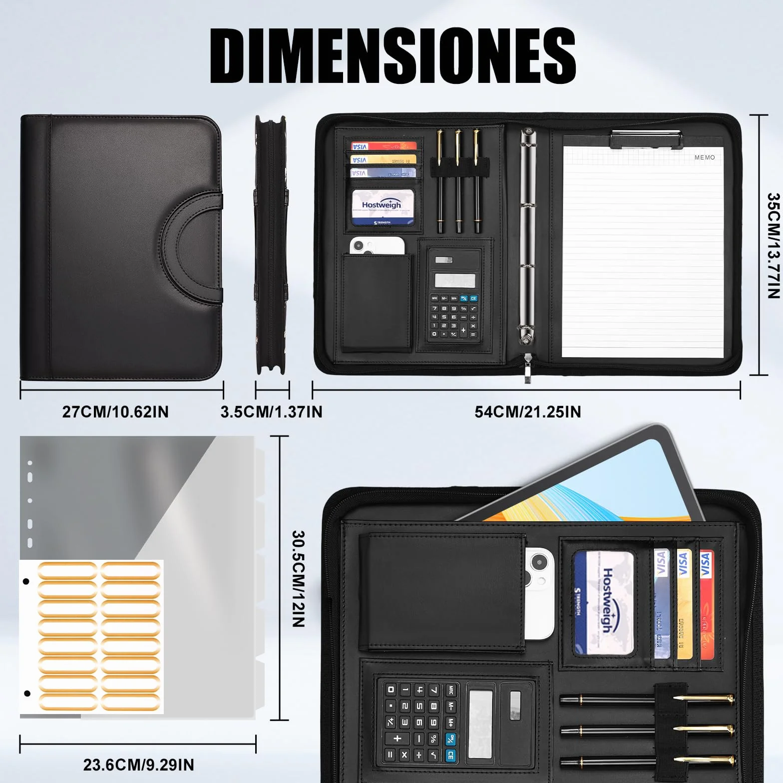 Leathario Carpeta Portadocumentos A4 en Piel Vegana, con Asa, Cuaderno, Portadocumentos con Bloc de Notas y Encuadernación de Anillas, Protectores de Hojas para Entrevistas, Viajes, Reuniones
