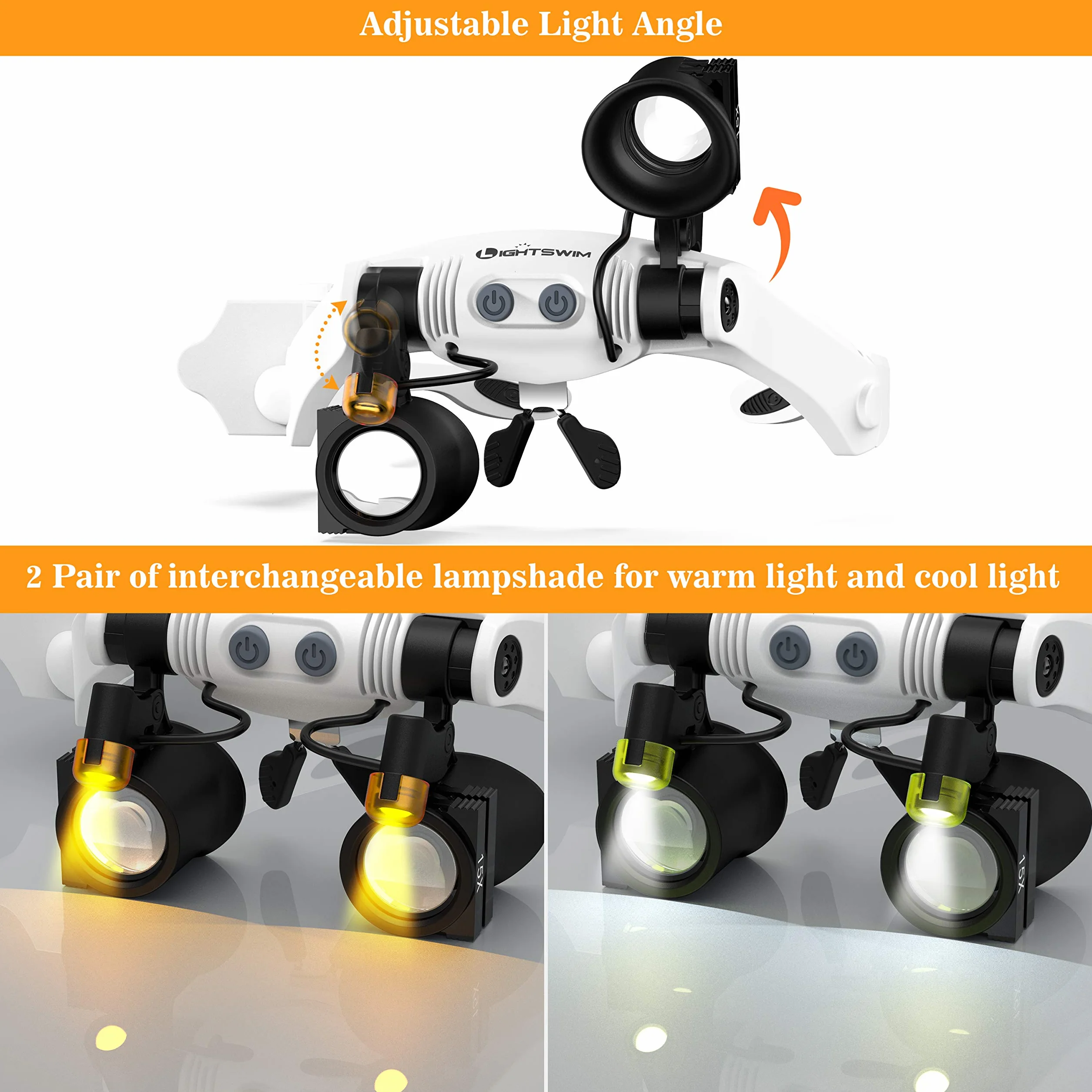 Lupa de Diadema Lightswim con 2 Luces LED, 3X-15X Lentes Intercambiables para Manualidades, Lectura, Reparación de Relojes y Joyas, Pasatiempos