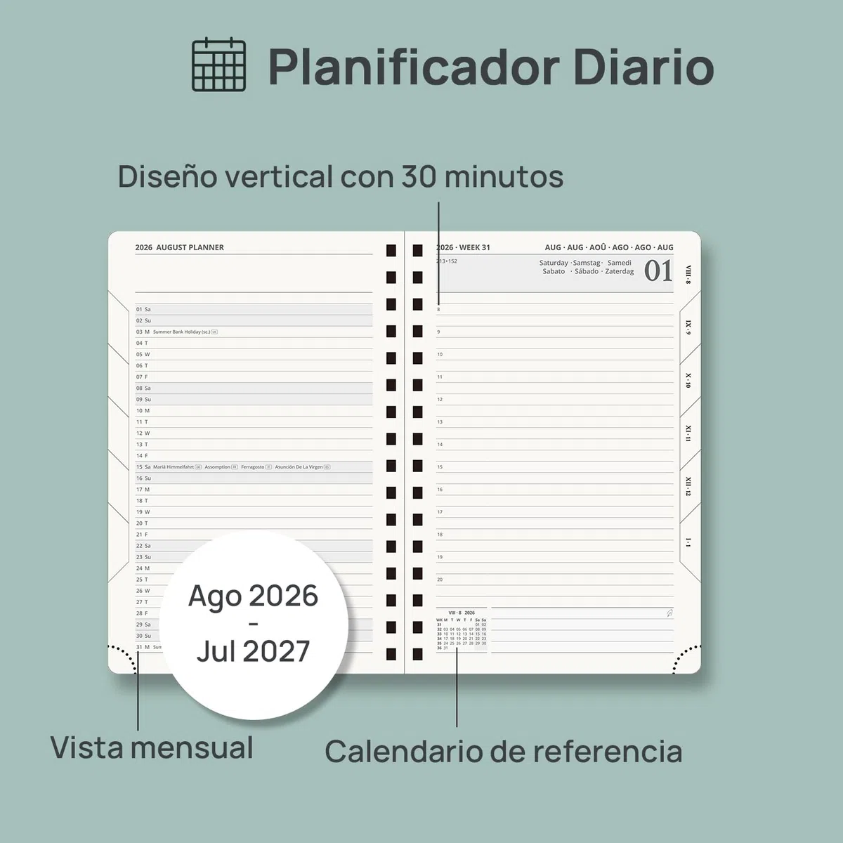 POPRUN Agenda 2026 2027 Dia Por Pagina 21,5 x 14,5 cm, Espiral Diaria 12 Meses de Ago.2026 a Jul.2027, Tapa Dura, Regla de Plásticol, 80 GSM Papel, Borgoña