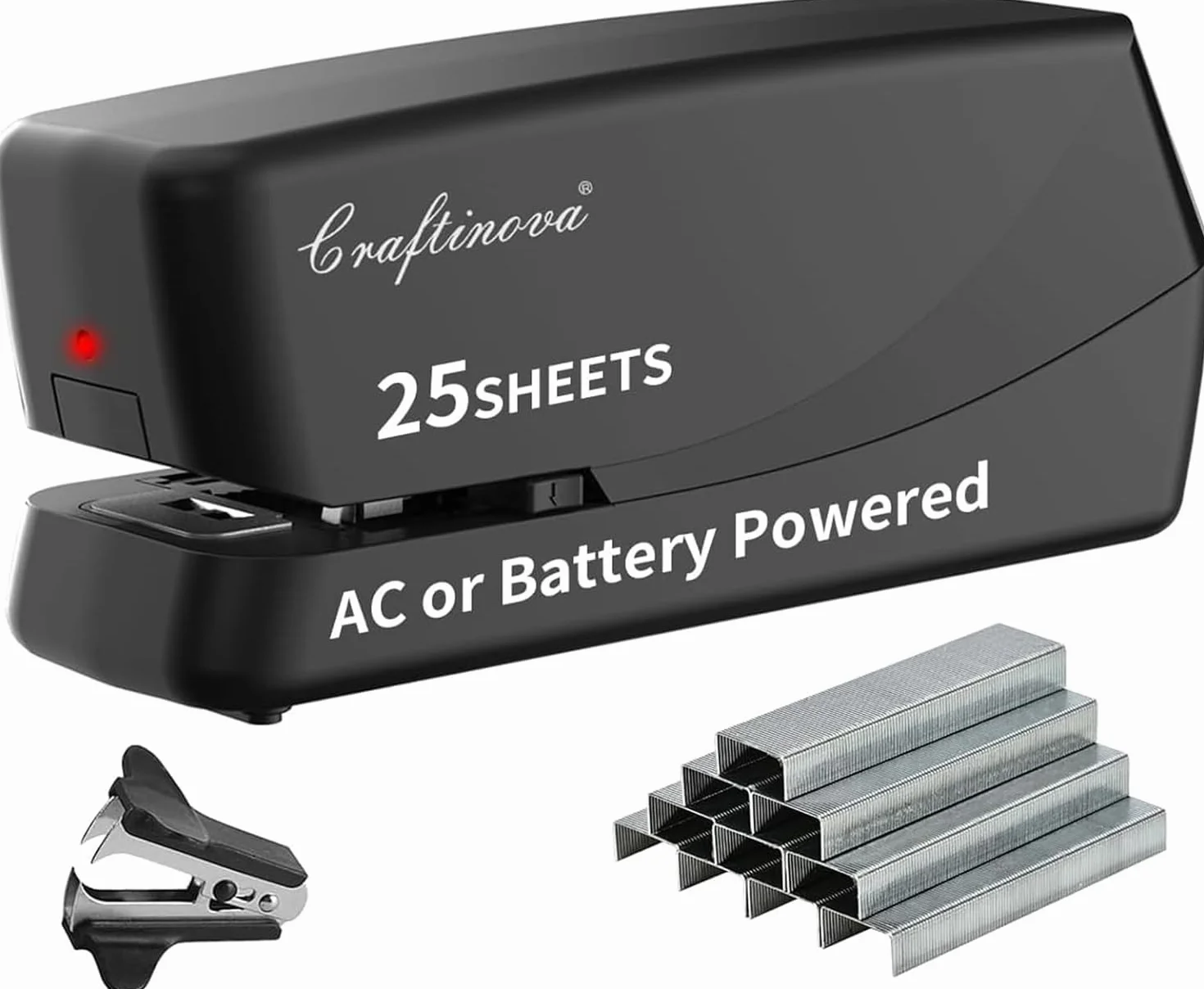 Grapadora eléctrica de escritorio Craftinova, engrapadoras automáticas sin atascos, capacidad para 25 hojas, con 1 removedor de grapas, 2000 grapas, recarga fácil, alimentada por CA o batería, buena
