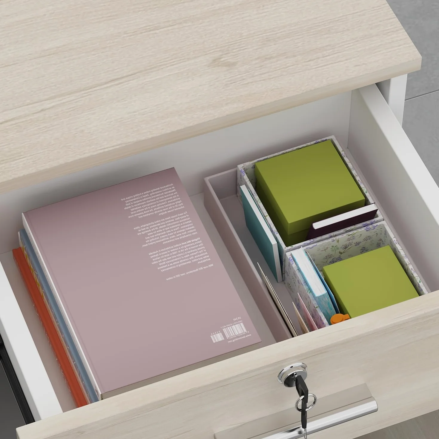 Mostrador de Recepción Grande con Compartimentos Abiertos, Madera y Blanco