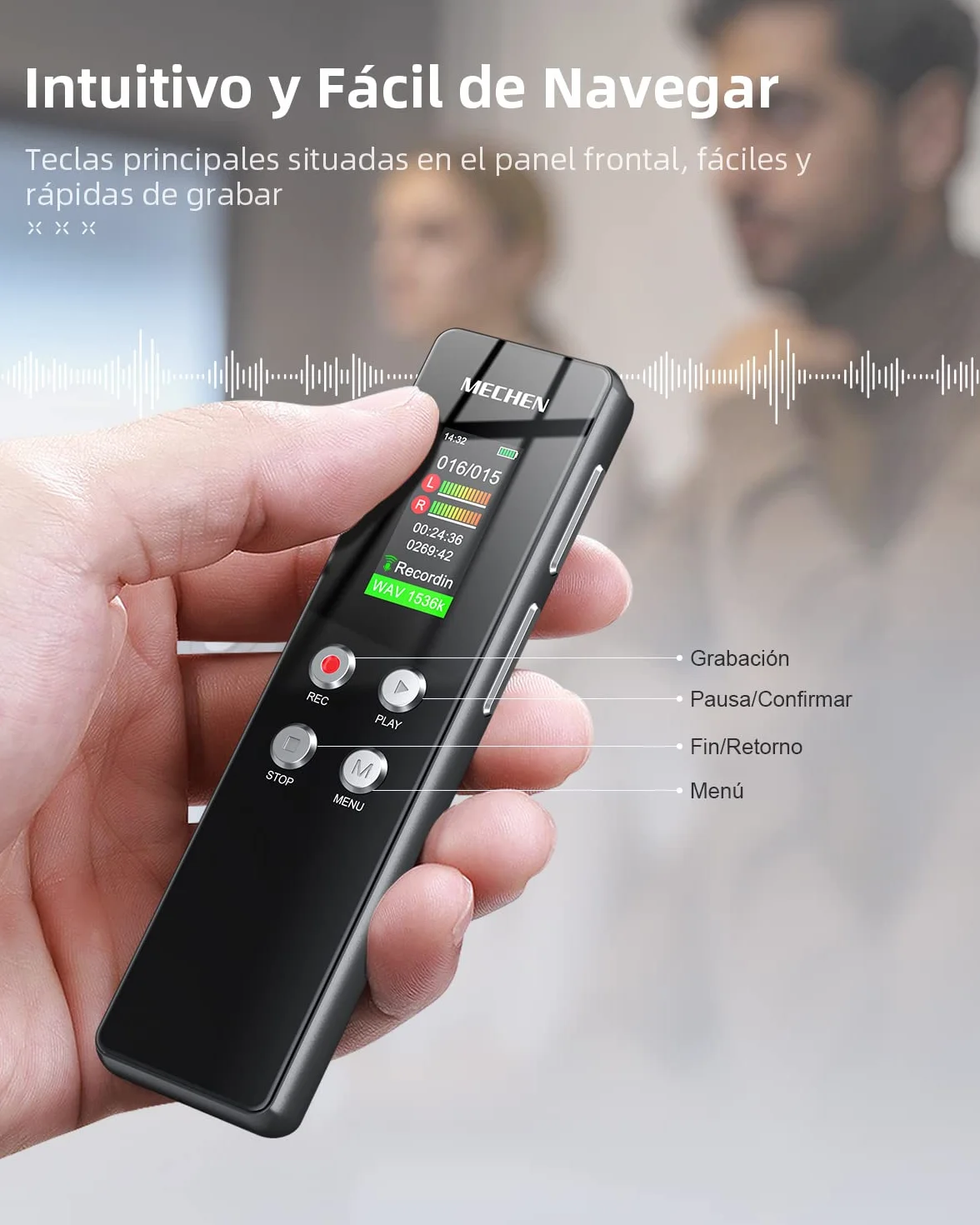 MECHEN Grabadora de Voz 64GB HD Un Solo Clic 1536 kbps Reducción de Ruido Automática Reproductor MP3 Protección Contraseña Batería 300mAh