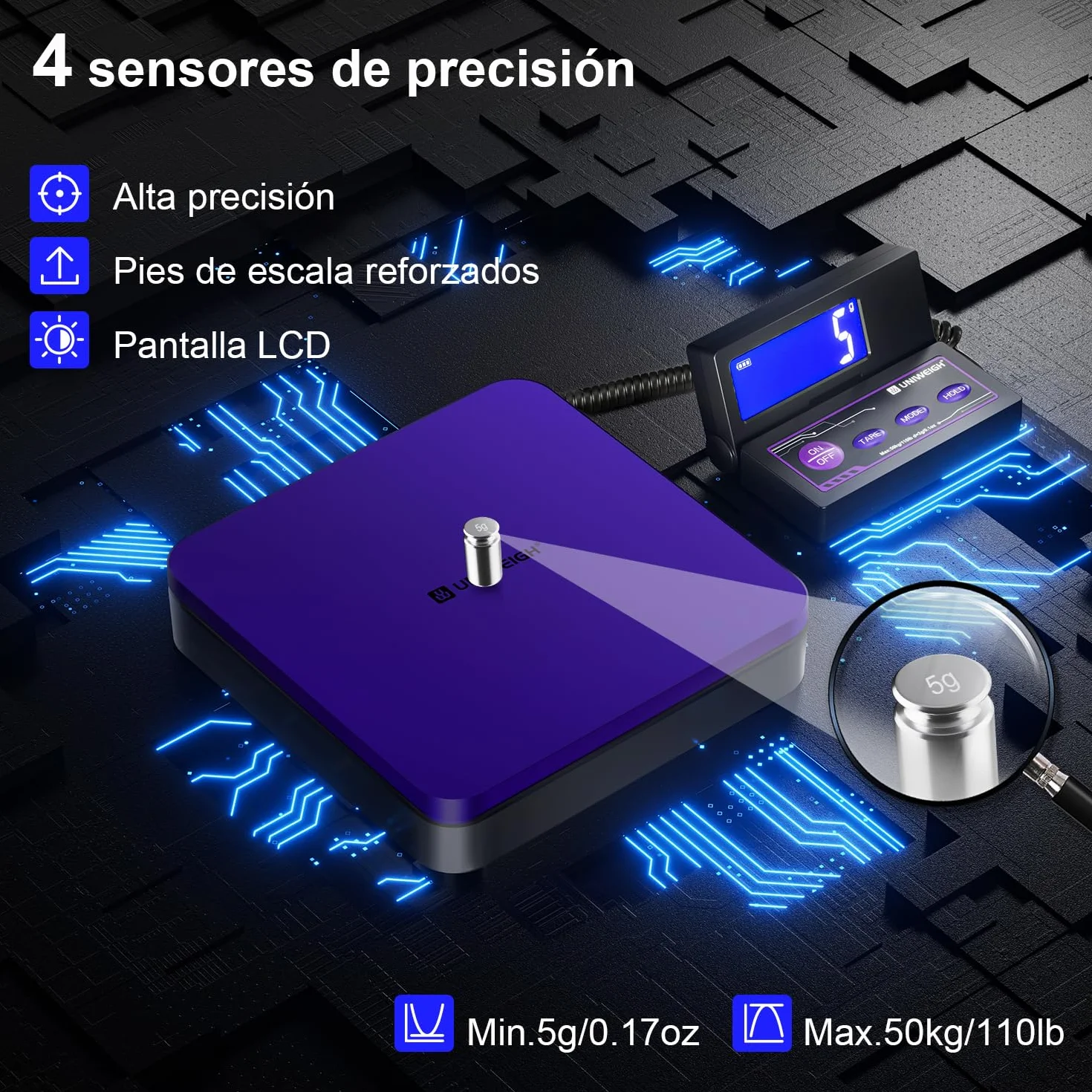 UNIWEIGH Báscula de envío digital de 110 lb/0.1 oz precisa,báscula postal con 5 unidades/LCD/Tara/función de retención,báscula de envío para paquetes de pequeñas empresas,Incluye batería y Cable USB
