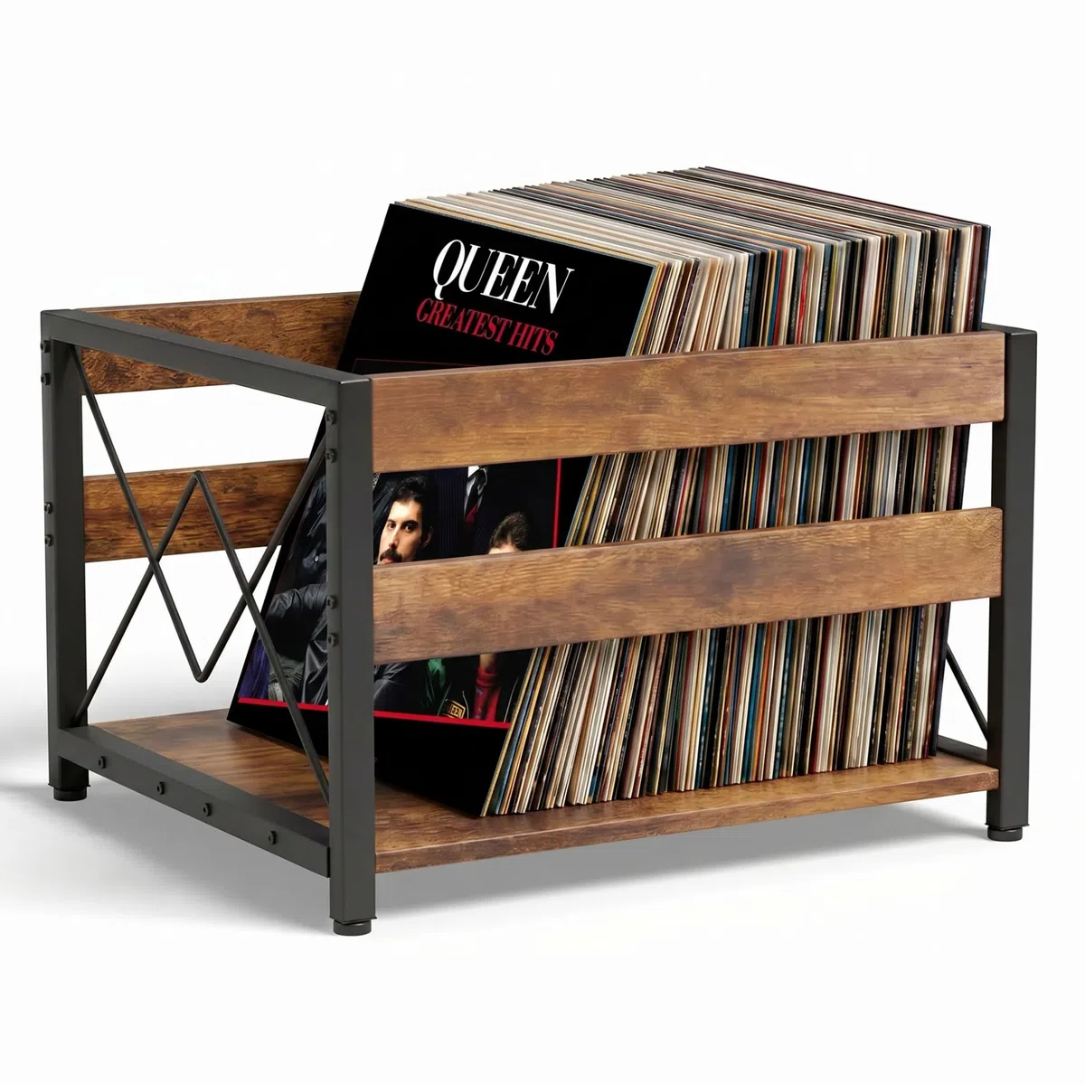HFHOME Caja de almacenamiento de discos de vinilo, caja de almacenamiento de madera, organizador de estantes de CD de cubo clásico, capacidad para hasta 100 registros, revistero para escritorio, hogar