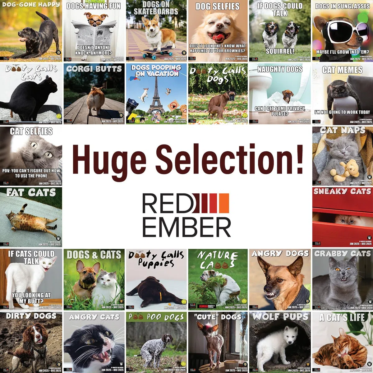 RED EMBER Dogs Pooping on Vacation - Calendario mensual de pared colgante 2025 | 12 x 24 pulgadas abierto | Papel grueso y resistente | Regalo | Divertido intercambio secreto de elefante blanco Yankee