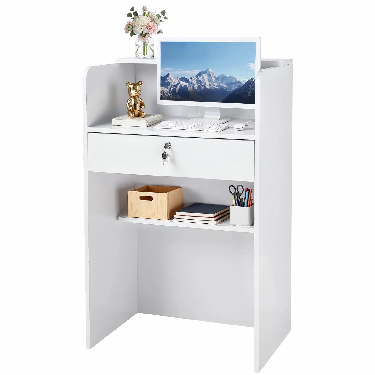 VEVOR Mostrador de Recepción 60 x 40 x 96 cm, Mesa de Recepción Material de Tablero de Partículas con 1 Cajón, Mostrador de Recepcionista para Caja, Vestíbulo, Salón de Belleza, Oficina, Blanco
