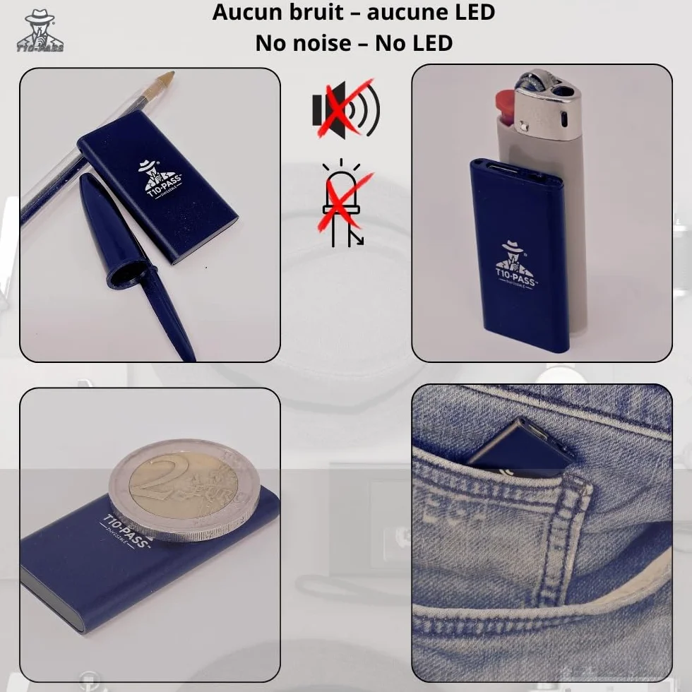 T10-PASS Micro espionaje - La grabadora de voz ultracompacta más pequeña (4 x 2 cm, 5 mm de grosor), discreta e ideal para reuniones, coches, vigilancia y conferencias