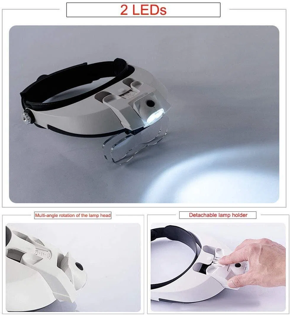 Diadema lupa con luz 2led, lupa de lectura manos libres montada en la cabeza, joyería, reloj lupa