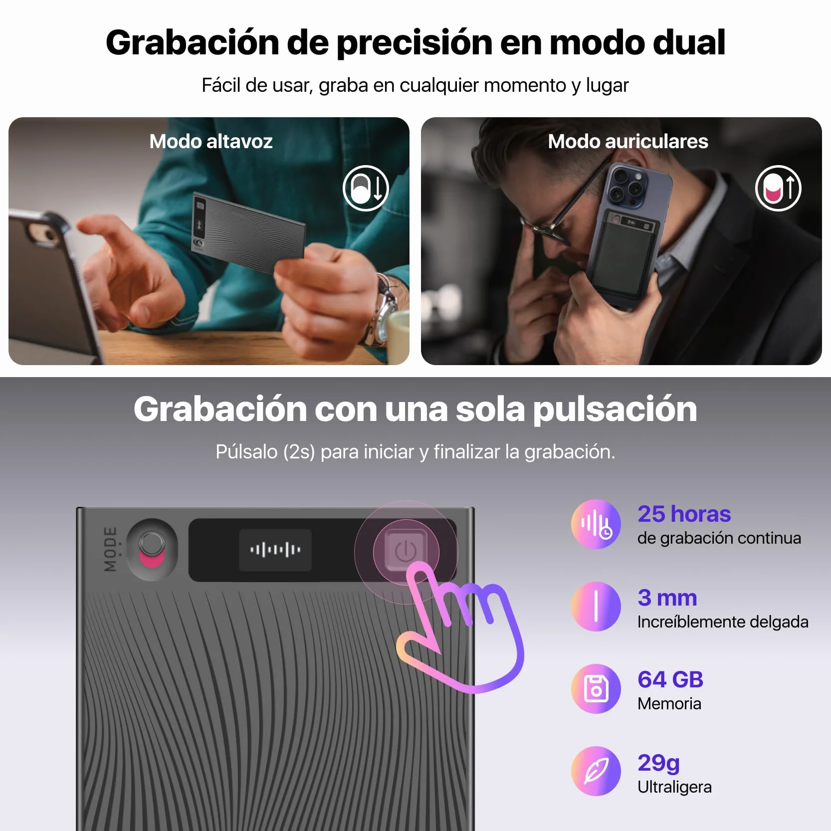 Mobvoi TicNote Grabadora de Voz IA 64GB Digital para Llamadas Clases y Reuniones