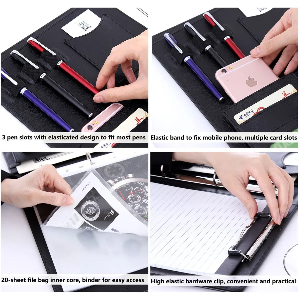 Funda de cuero para conferencias A4 con cremallera, maletín impermeable para reuniones de negocios, carpeta de anillas, portapapeles, bloc de notas, carpeta de portafolio, carpeta organizadora de