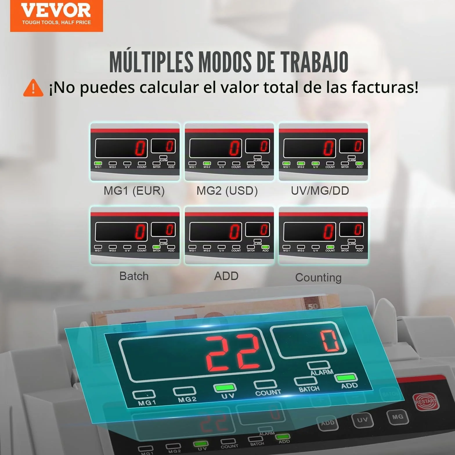 VEVOR Contador de billetes de dinero con pantalla LED contador de billetes profesional con detector de billetes falsos, UV/MG, 1000 billetes/minuto, solo cuenta el número de hojas