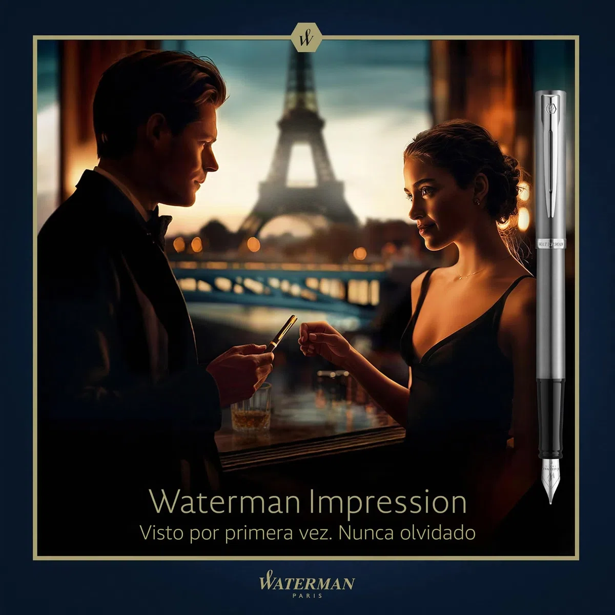 Waterman Impression Pluma estilográfica | Plumín fino con recarga de tinta azul | Acero inoxidable con adornos chapados en paladio | Caja de regalo