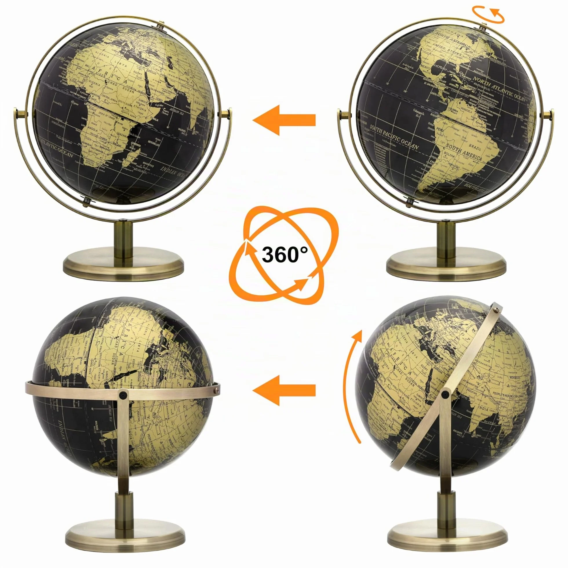 EXERZ Globo de 20 cm, color negro y dorado, rotación de 360 grados en todas las direcciones, World Globe Educational Geographic, arco y base de bronce, mapa inglés.