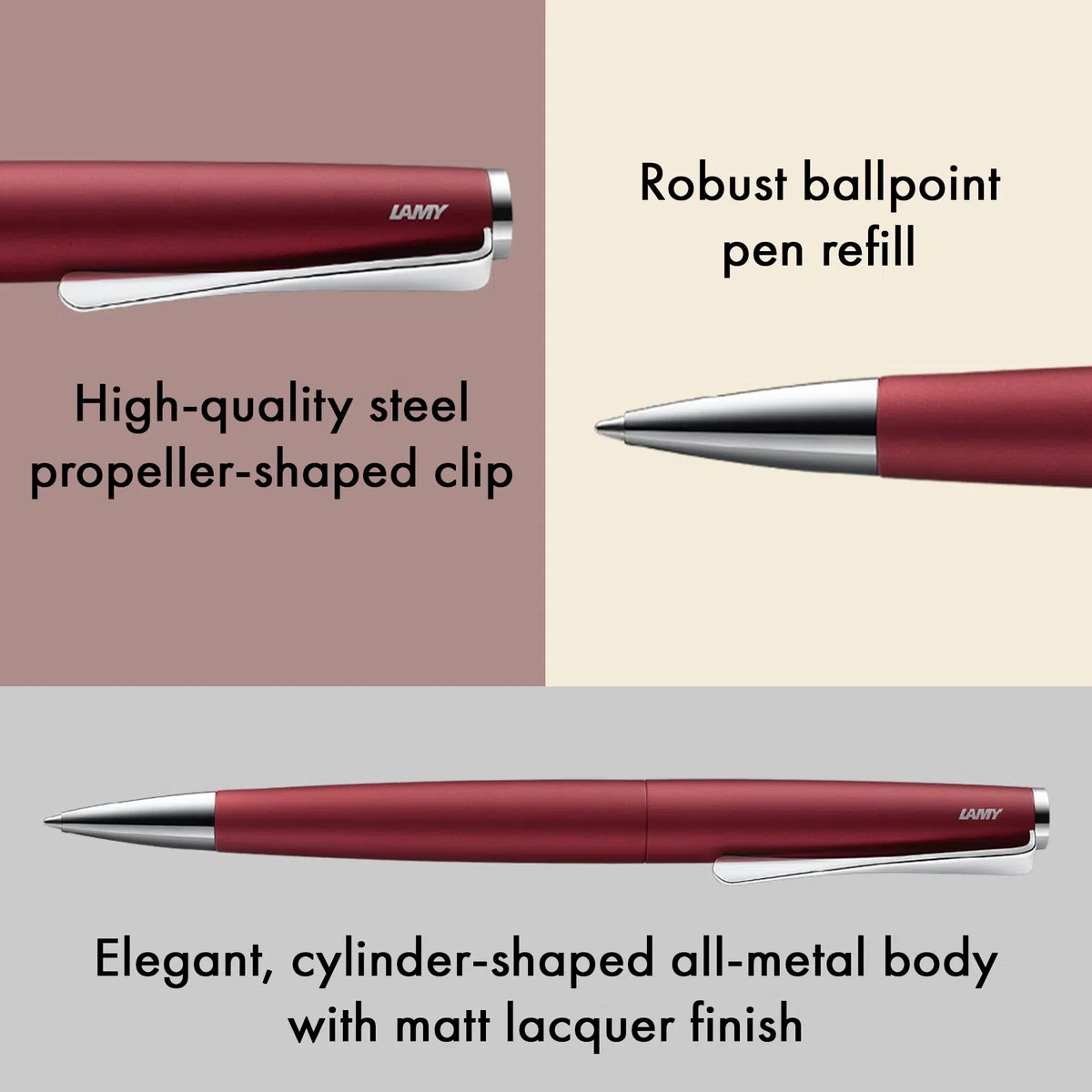 Lamy studio royalred bolígrafo - cuerpo elegante de acero inoxidable - con clip helicoidal - recambio gigante M 16 en ancho de trazo M en negro incl.