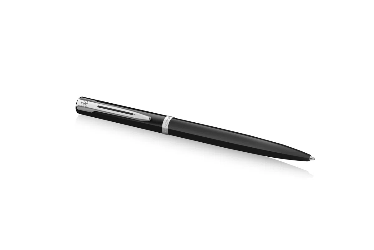 Waterman Impression Bolígrafo | Punta media con recarga de tinta azul | Laca negra con adornos chapados en paladio | Caja de regalo