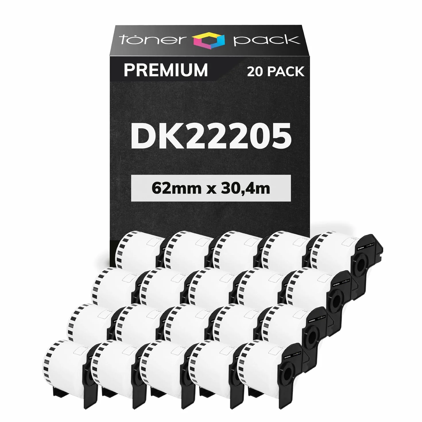 TONER PACK DK-22205 Compatible Rollo de Etiquetas DK-22205 [62mm x 30.48m] - Cinta continua de papel blanca para Brother P-Touch QL-500 550 570 700 710W 720NW 800 810W 820NWB 1050 1100 (20 Unidades)