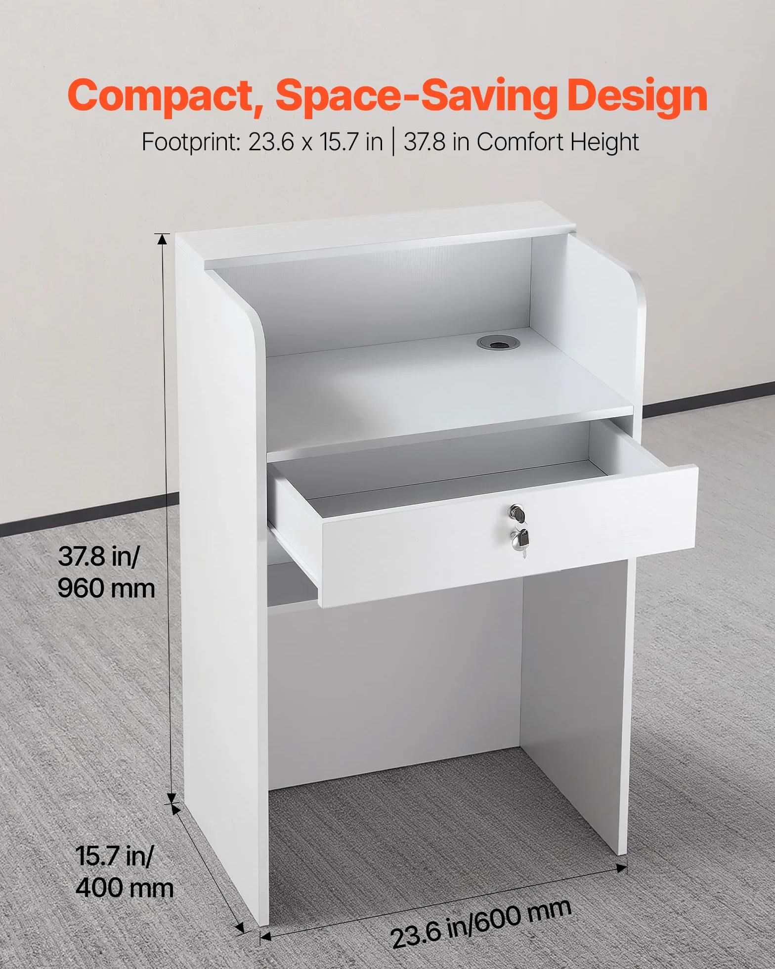 VEVOR Mostrador de Recepción 60 x 40 x 96 cm, Mesa de Recepción Material de Tablero de Partículas con 1 Cajón, Mostrador de Recepcionista para Caja, Vestíbulo, Salón de Belleza, Oficina, Blanco