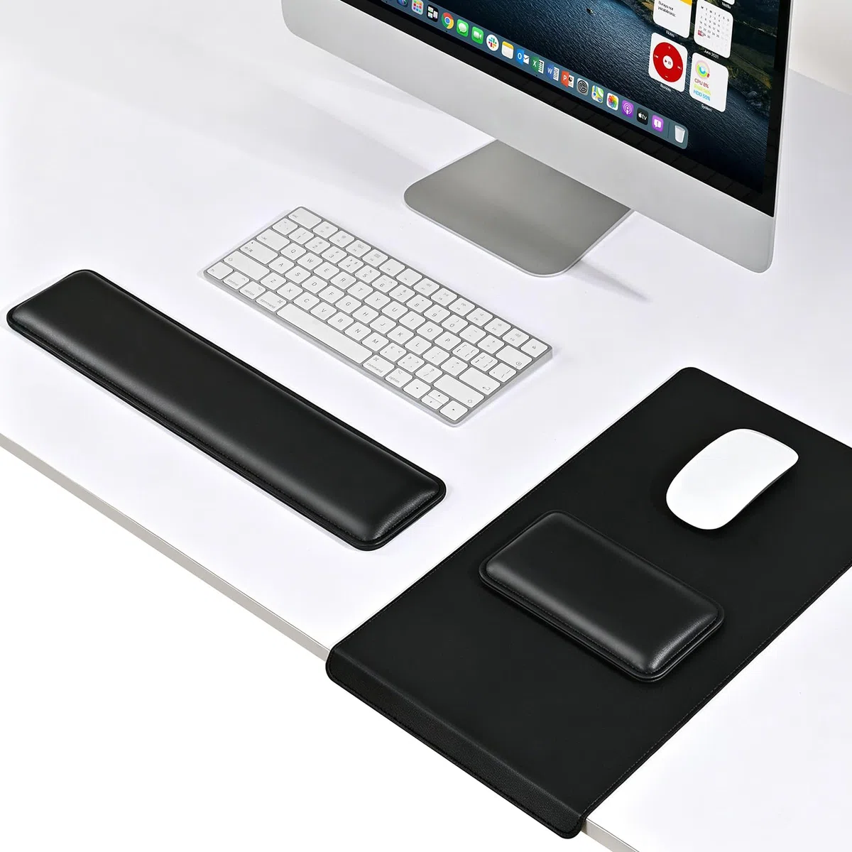 EooCoo Alfombrilla Ratón, Alfombrilla Escritorio, Reposamuñecas Teclado | Comodidad Ergonómica para Muñeca, Superficie Lisa de Cuero Premium, Set Completo de 3 Piezas, Ideal para Regalar