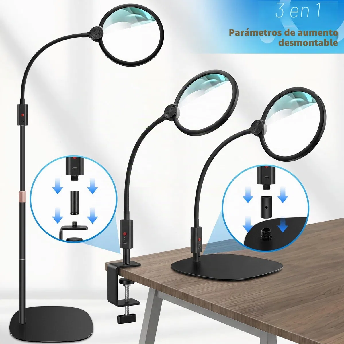NZQXJXZ 10X Recargable Lupa con Luz y Soporte, Lente HD Grande de 7” | Lámpara Lupa 3 en 1 de Pie/Mesa/Pinza, 3 Modos de Color, LED Regulable Cuello de Cisne para Lectura Manualidades Reparación