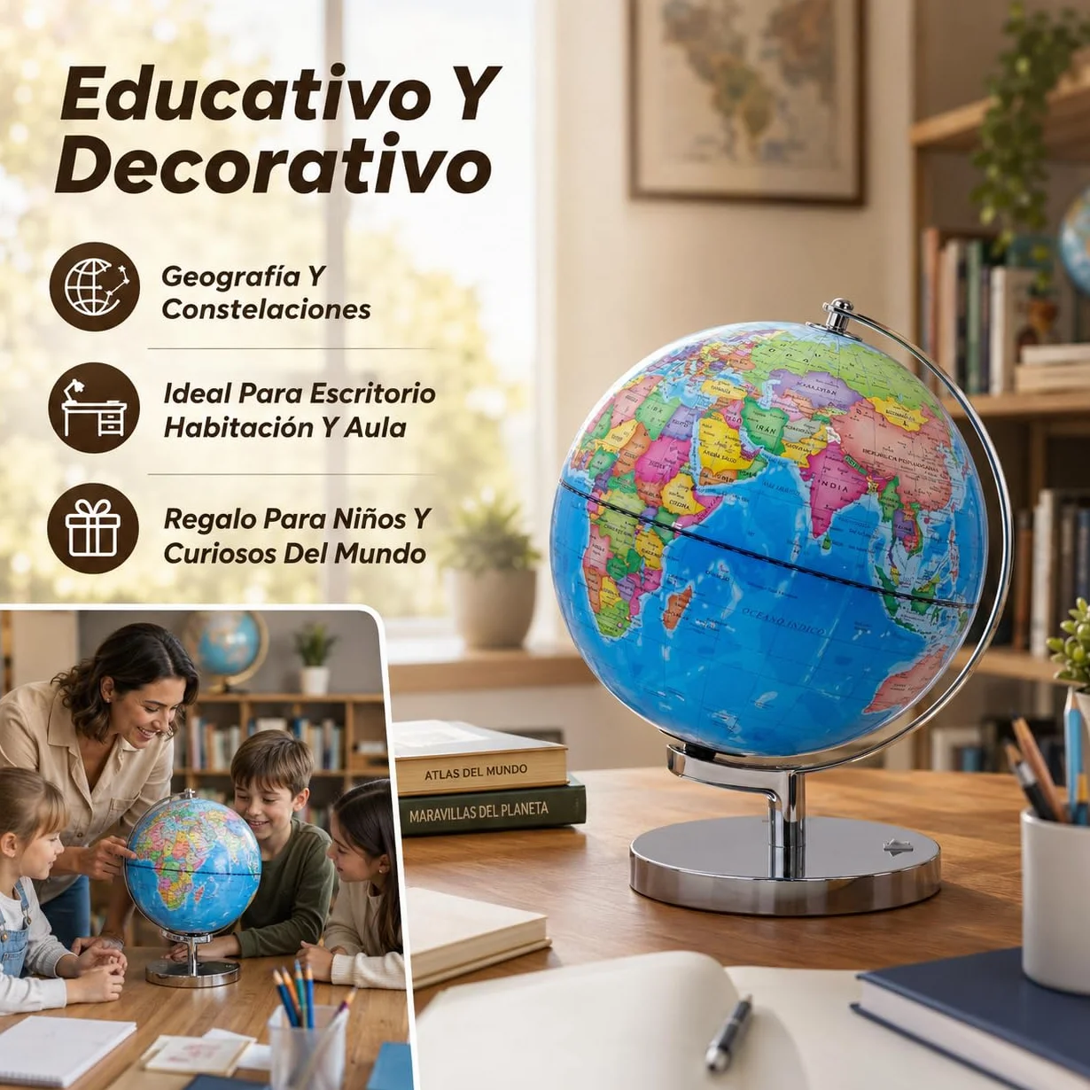 EXERZ Globo Terráqueo Iluminado 23 cm Mapa Español Y Constelaciones Lámpara LED Sin Cable Base Metálica Cromada Modo Día Noche