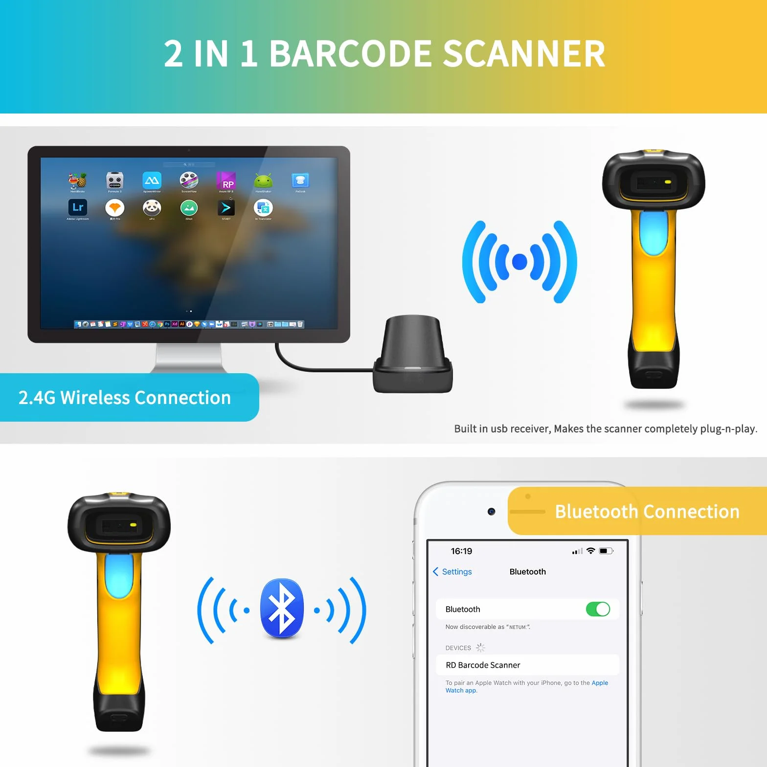NETUM Escáner De Códigos De Barras Industrial Bluetooth QR Actualizado Con Base De Carga, Lector Inalámbrico 2D 1D 2600mAh Resistente A Caídas Polvo Manos Libres Para Windows Mac Android iOS (NT-1200)